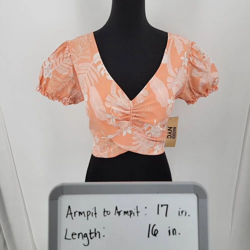 Madden NYC Top Juniors Large Crop Puff Sleeves Tie Back Floral Padded NEW - Picture 10 of 10